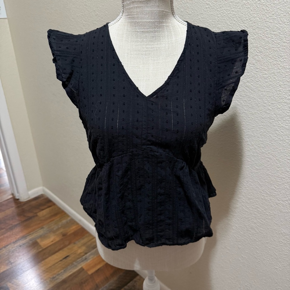 Papermoon Black Textured Blouse with Ruffle Sleeves - Size Small